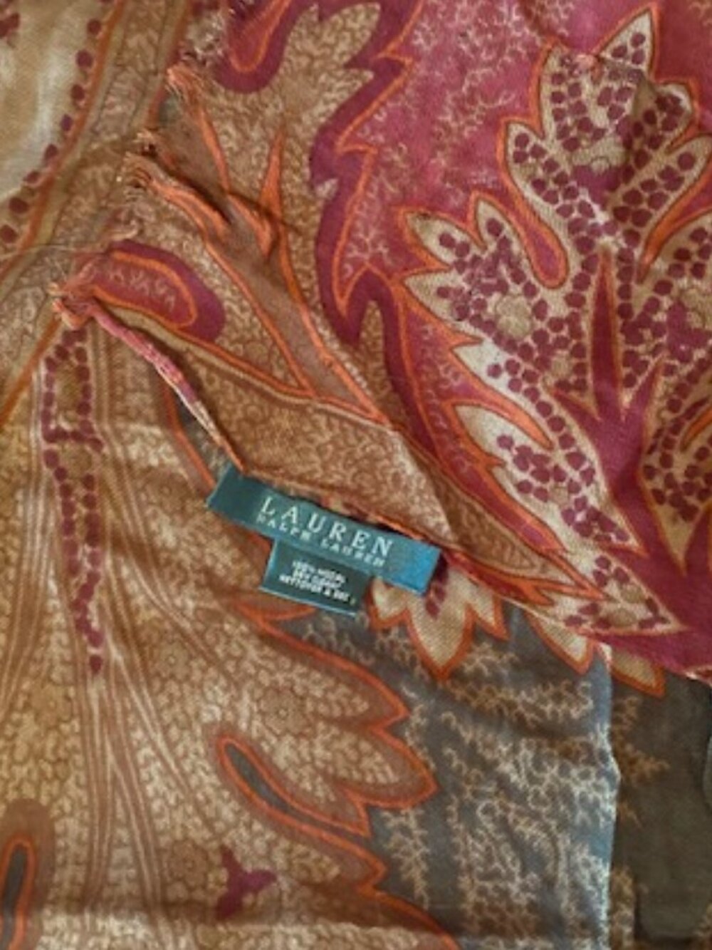 Ralph Lauren Paisley rayon scarf red & brown gorgeous colors 18"W and 72" L